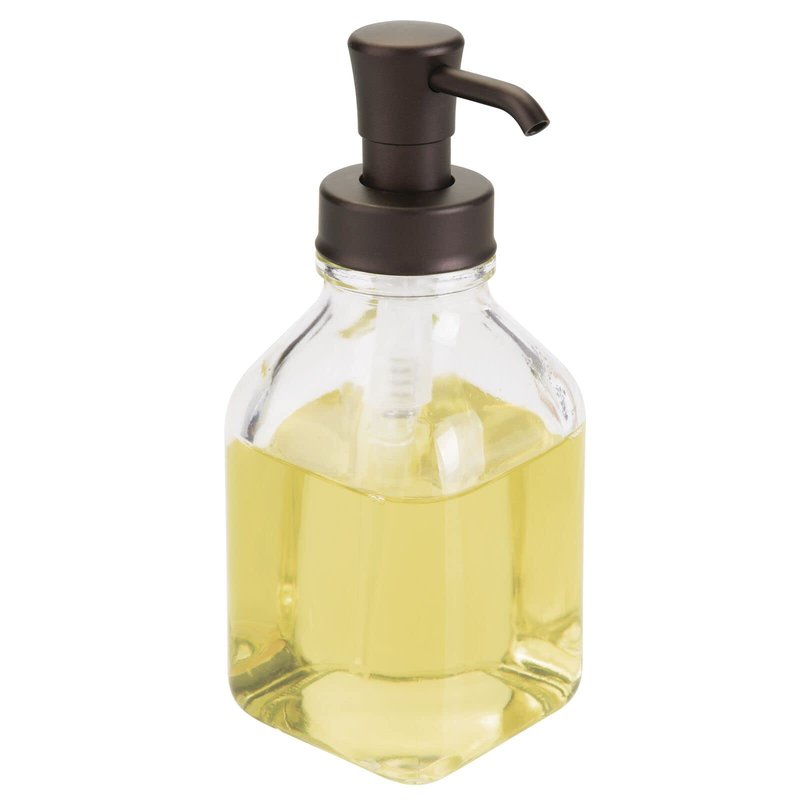 mDesign Square Glass Refillable Liquid Soap Dispenser Pump Bottle for Bathroom Vanity Countertop, Kitchen Sink - Holds Hand Soap, Dish Soap, Hand Sanitizer, Essential Oils - 2 Pack - Clear/Bronze