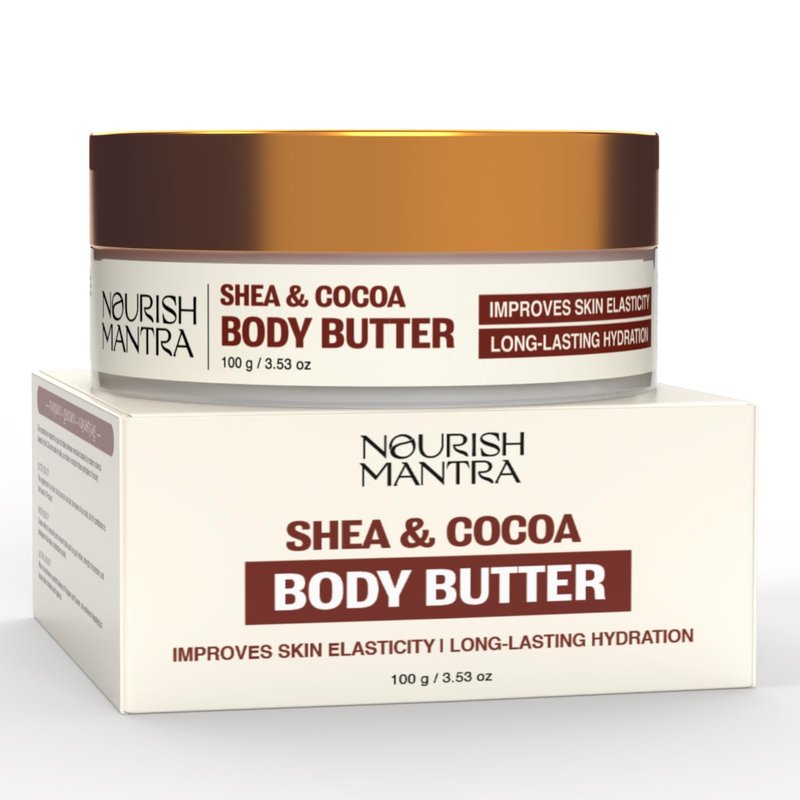 NOURISH MANTRA Shea & Cocoa Body Butter | Creamy Moisturizer for Long-Lasting Moisture & Soft Skin | Infused with Shea Butter & Cocoa Butter | Suits All Skin Types | For Women & Men | 100 g
