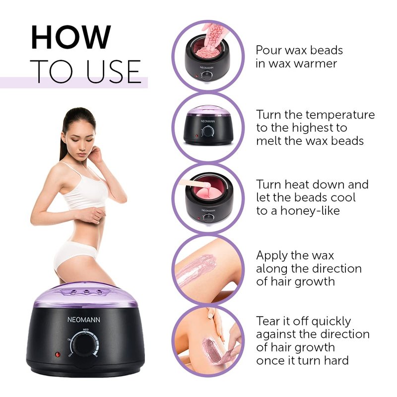 NEOMANN Waxer II Deluxe Waxing Kit for Women and Men Non-Sticky, Teflon-Coated - Wax Warmer for Hair Removal incl. 600g Wax Beads, 30 Spatulas