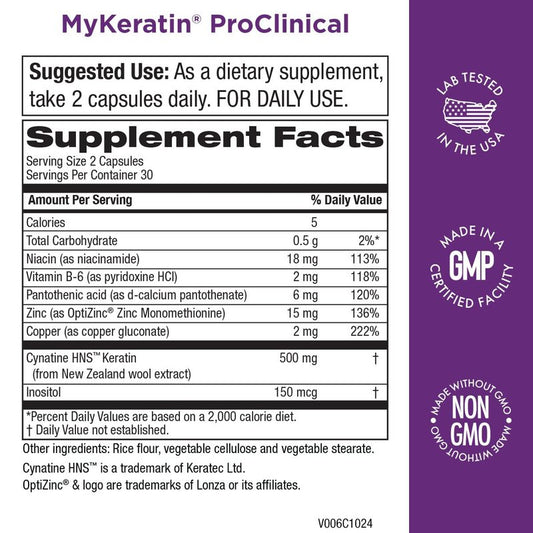 MyKeratin ProClinical Advanced Hair Therapy - Purity Products - Reduces Hair Loss & Increases Hair Strength, Shine & Luster - Next Generation Keratin Hair, Skin & Nails Super Formula - 60 Veg Capsules