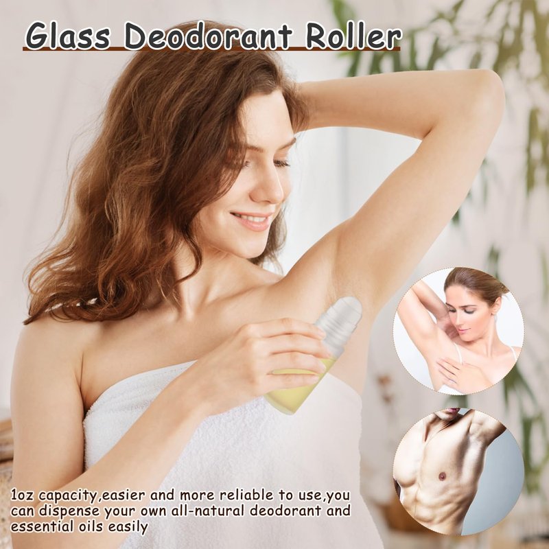 DMuuuDM Large Glass Roll On Bottles,Empty Glass Deodorant Roller Bottles With Large Plastic Roller Ball for Essential Oil,Deodorant,Castor Oil,Body Oil-Dispense Containers for Pains (Clear, 1oz/30ml)