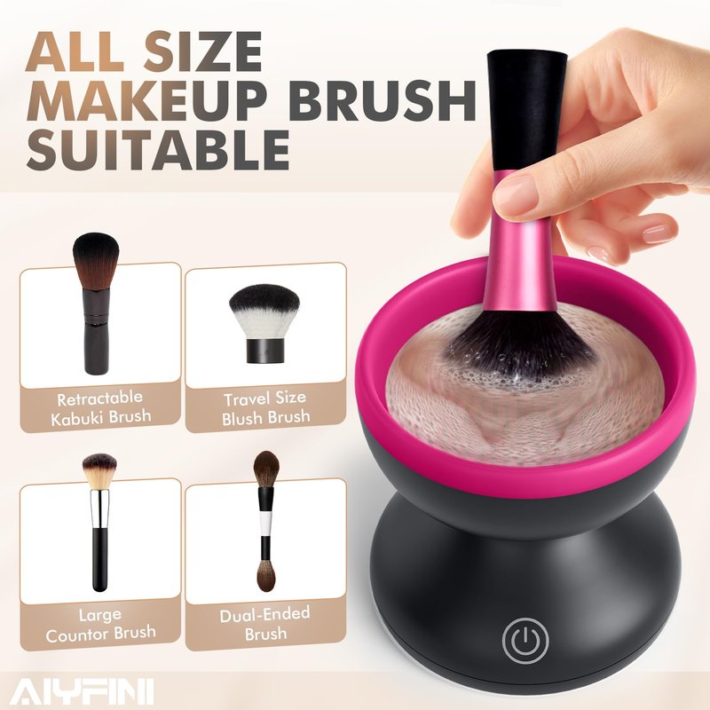 Alyfini Electric Makeup Brush Cleaner Machine, Powerful Friction Removes Residue on Make up Brushes Set/Sponge/Powder Puffs, Efficient Cleaning, Portable Spinning Washer, Save Cleanser & Shampoo
