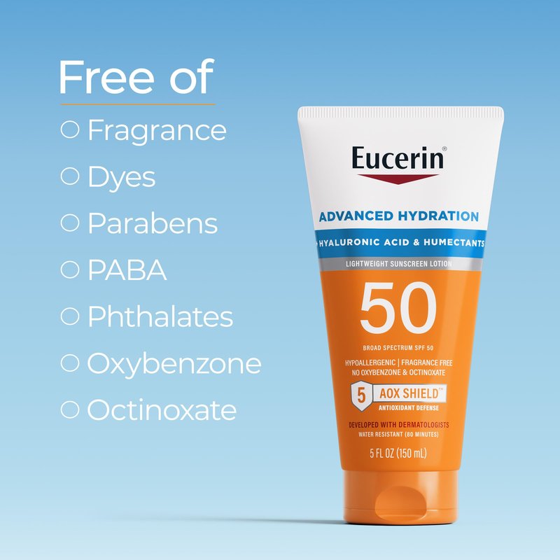 Eucerin Sun Advanced Hydration SPF 50 Sunscreen Lotion, Lightweight Sunscreen with Hyaluronic Acid and Humectants, Hypoallergenic, Fragrance Free, No Oxybenzone or Octinoxate, 5 Fl Oz Tube
