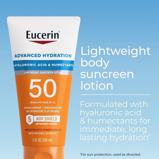 Eucerin Sun Advanced Hydration SPF 50 Sunscreen Lotion, Lightweight Sunscreen with Hyaluronic Acid and Humectants, Hypoallergenic, Fragrance Free, No Oxybenzone or Octinoxate, 5 Fl Oz Tube