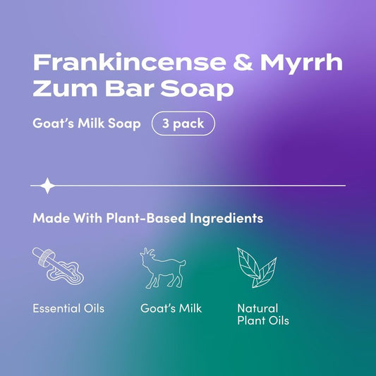 Indigo Wild Zum Goat's Milk Soap Bar - Bar Soap for Hands & Body Made with Essential Oils - 3 oz - Frankincense & Myrrh (3 Pack)