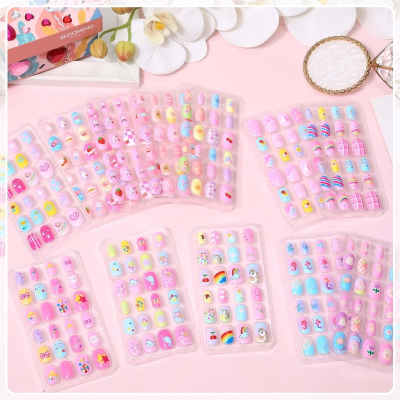 288 Pieces Kids Nails Press ons for Girls, Acejoz Fake Nail Set Pre Glue Stick on Short Nails for Children Little Girls 8-12 Year Nail Art Decoration