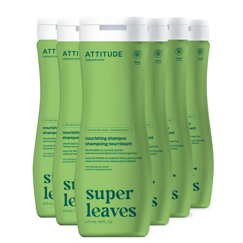 ATTITUDE Nourishing Hair Shampoo, EWG Verified, For Dry and Damaged Hair, Naturally Derived Ingredients, Vegan and Plant Based, Grapeseed Oil and Olive Leaves, 16 Fl Oz (Pack of 6)