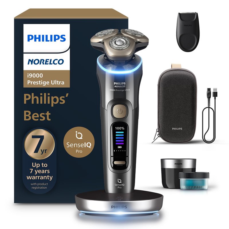 Philips Norelco Shaver i9000 Prestige Ultra, Wet & Dry Electric Shaver, Dark Slate, SenseIQ Pro Technology, Triple Lift & Cut System, 360 Rotating NanoTech Precision Blades, Quick Clean Pod, XP9402/86