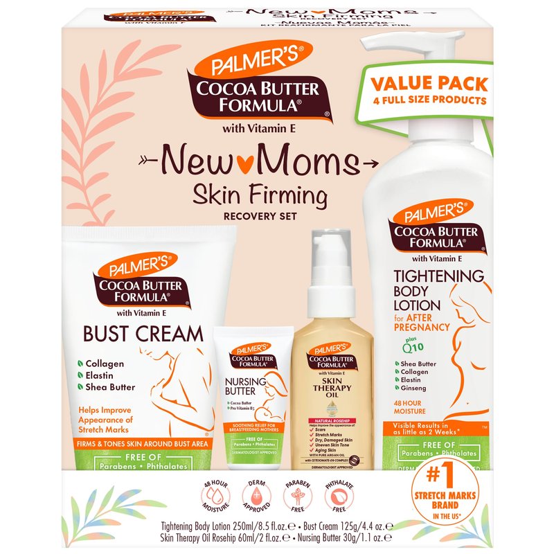 Palmer's Cocoa Butter Formula New Moms Skin Recovery Postpartum Essentials, Body Lotion (8.5 oz) + Nursing Butter (1.1 oz) + Bust Cream (4.4 oz) + Skin Therapy Oil (2 oz), Dermatologist Approved