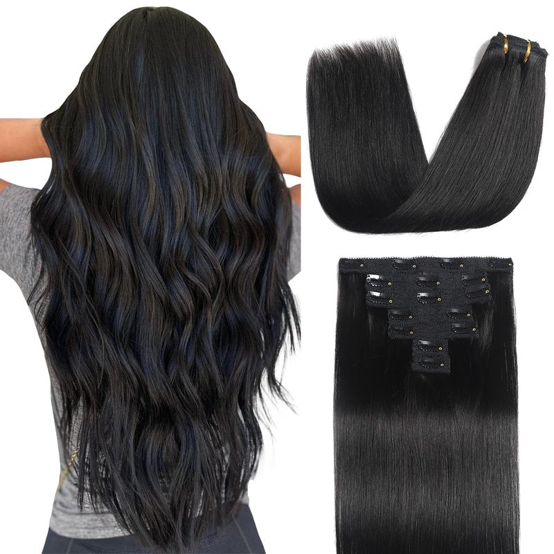 Sisily Clip in Hair Extensions Real Human Hair, Premium Human Hair Clip in Extensions Natural Black, Soft Straight Hair Extensions Real Human Hair Clip ins 7PCS Double Weft(16 Inch #1B)
