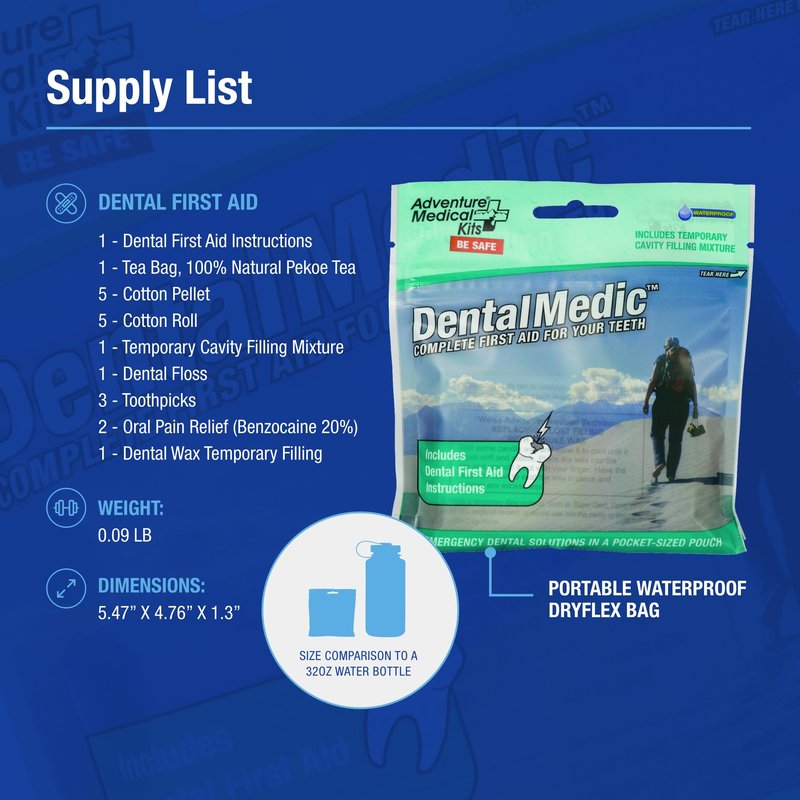 Adventure Medical Kits Dental Medic Kit - Travel Dental Kit for Emergency Tooth Care - Includes Orasol Gel, Tural Tea, Temporary Cavity Filling & More