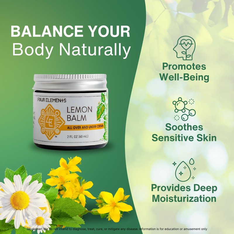 Four Elements Lemon Balm Face Moisturizer Cream - 2 Oz | Herbal Face Cream with Organic Lemon Balm, Chamomile, Shea Butter & Vitamin E | Body Hydrating Moisturizer Beauty Essential