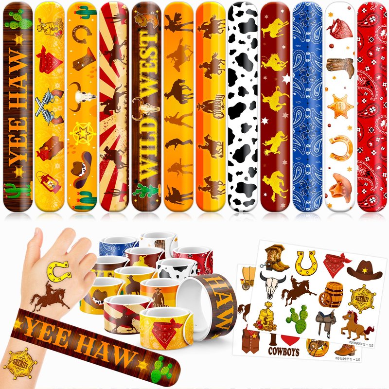48PCS Cowboy Party Set - 24PCS Temporary Tattoos & 24PCS Slap Bracelets - Wild West-Themed Birthday Supplies, Baby Shower Gifts, Classroom Rewards & Party Decor for Kids (Boys & Girls)