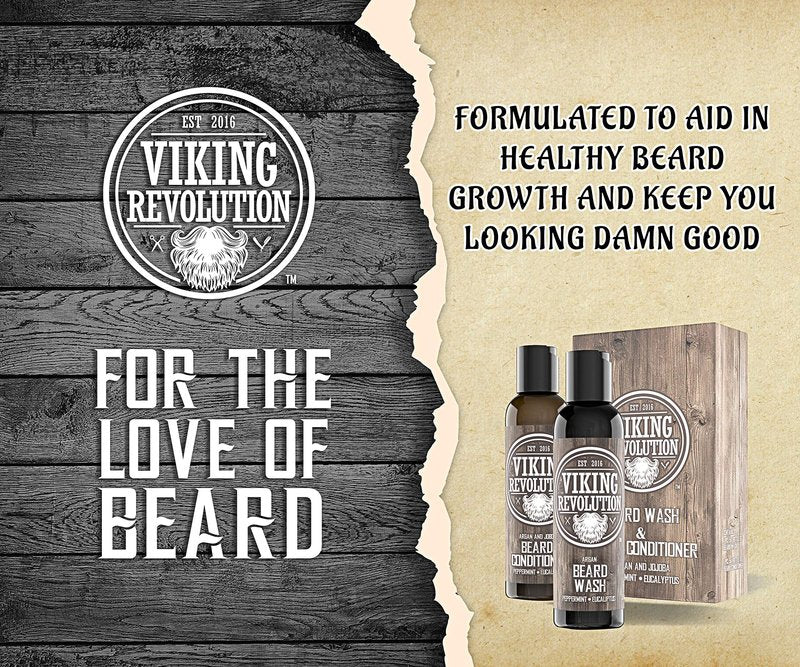 Viking Revolution Beard Shampoo and Conditioner Set - Top-tier Beard Care Kit with Argan & Jojoba Oils for Healthy Beard Growth, No Itching or Irritation, Rich Lather, Eucalyptus Scent (10 oz)