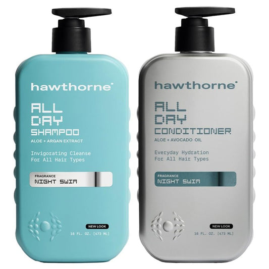 Hawthorne All Day Men's Shampoo and Conditioner Set. Sulfate Free Shampoo and Conditioner with Pure Avocado Oil and Aloe For Stronger, Healthier Hair. Night Swim Cologne Scent. 16 fl. oz. each.