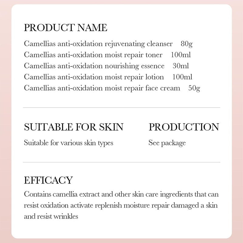 BIOAQUA Camellias Anti-Oxidation Moist Repair Toner Essence Face Cream Cleanser Lotion Camelia Flower Extract Serum Nourishing Emollient Moisturizing Skin Gift Box 100ml+30ml+50g+80g+100ml 5PCS Set