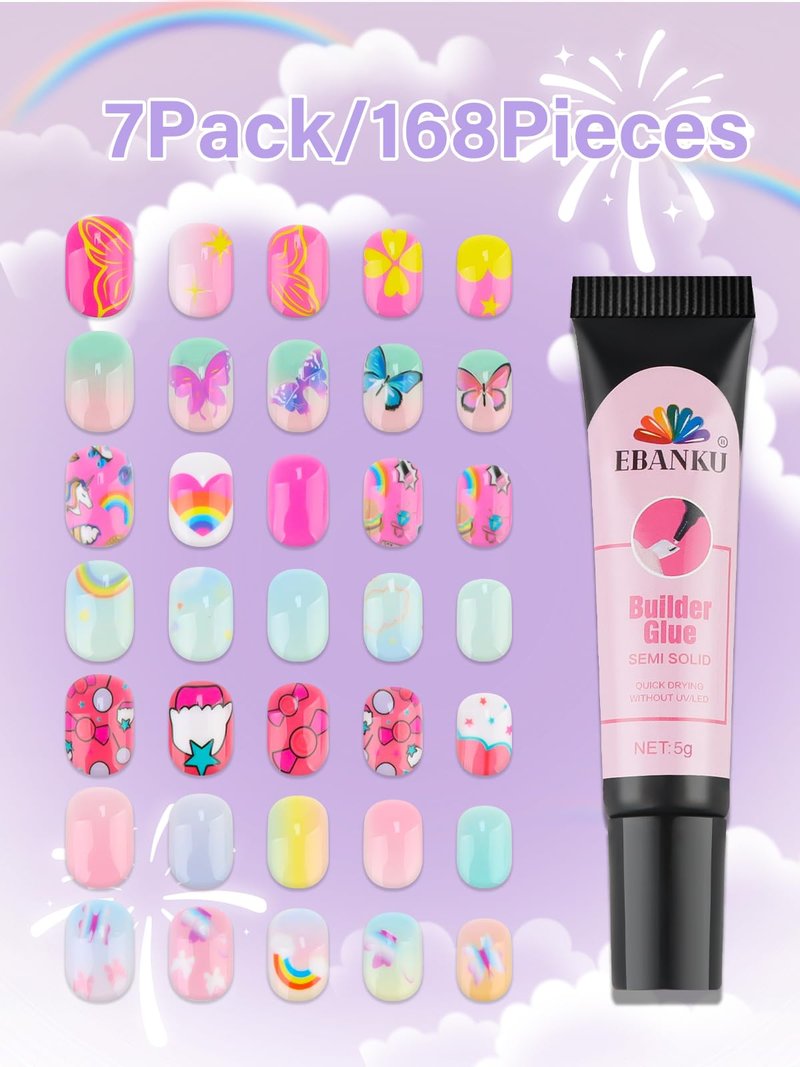 168 Pieces Press on Nails for Kids, EBANKU 7 Pack Kid Fake Nail Kit Candy Butterfly Press on Nails for Girls 6-12 Years with Nail Glue for Christmas Party