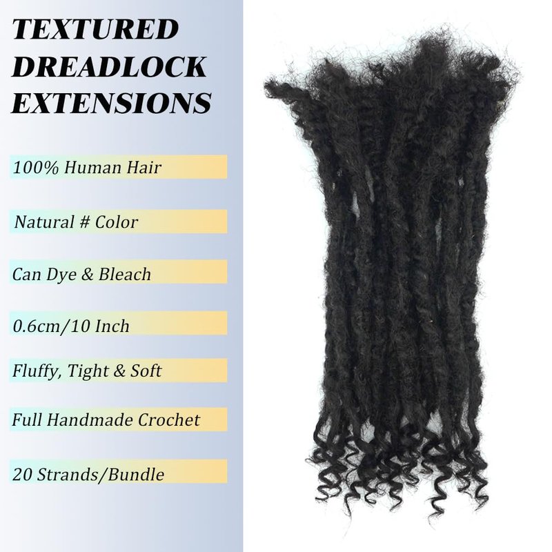 Textured Locs Extension With Curly Ends 100% Permanent Human Hair Dreadlock Extensions 0.6cm Width Can Be Dyed Bleached Full Handmade Loc Extension for Men Women (Natural, 8 Inch/20 strands)