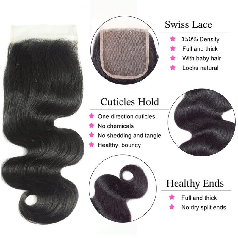 Human Hair Bundles with Closure 10 12 14+8 Inch Body Wave Closure with Bundles 100% Brazilian Virgin 3 Bundles Human Hair Weave with 4x4 Free Part Lace Closures Natural Black