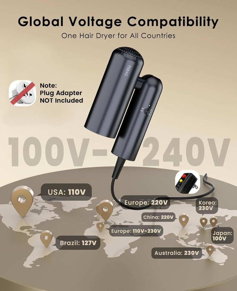 osou Foldable Hair Dryer for Travel - Global Voltage with Auto-Sensing, 1B Plasma Particles, 200times/s Temp Control, Portable Blow Dryer with Single-Sided Comb, Gray