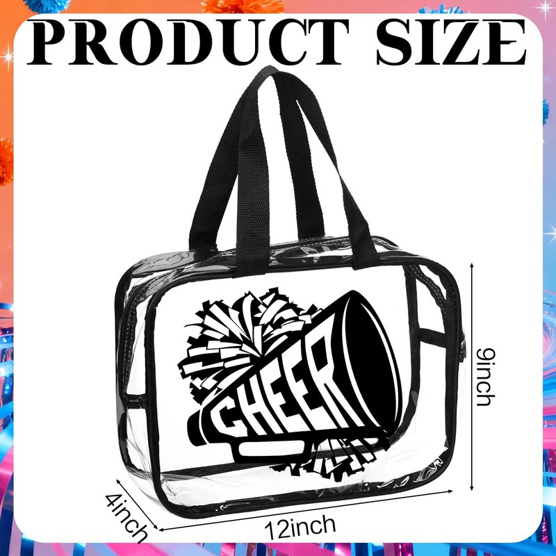 Kacctyen 12 Pcs Cheer Large Clear Toiletry Cosmetic Makeup Bag with Zipper and Handle Cheer Snack Bag Bulk for Team 12 x 9 x 4 Gift Bags Tote Pouch Cheerleading Teammates Party Supplies (Black)