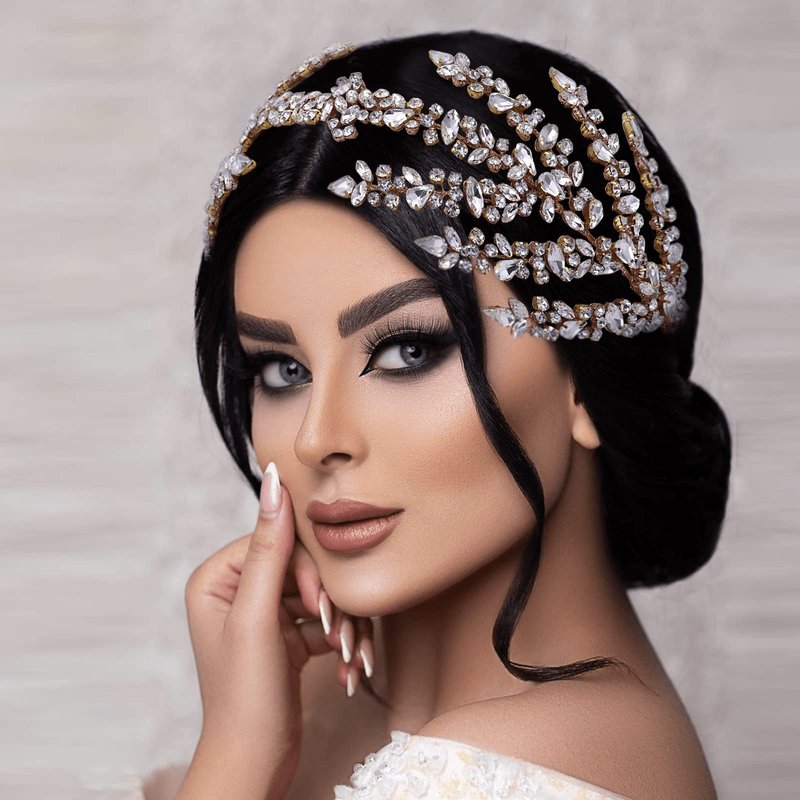 ULAPAN Wedding Headbands Bridal Headpieces Rhinestone Accessories Bride Bridesmaid Women Handmade (Gold)