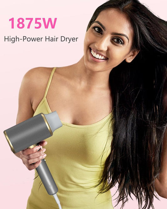 Dxliwky Ionic Hair Dryer with Diffuser and Concentrator, Powerful 1875W Fast-Drying Blow Dryer, Constant Temperature, Compact Lightweight Hair Dryer for Home Salon Travel (Silvery)
