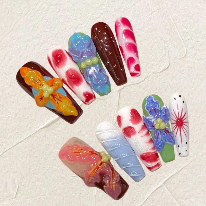 Tesytto Long Coffin Press On Nails with 3D Floral Design - Summer Multicolor Thick Luxury False Nails Reusable Acrylic Nails (Summer Stories,L)