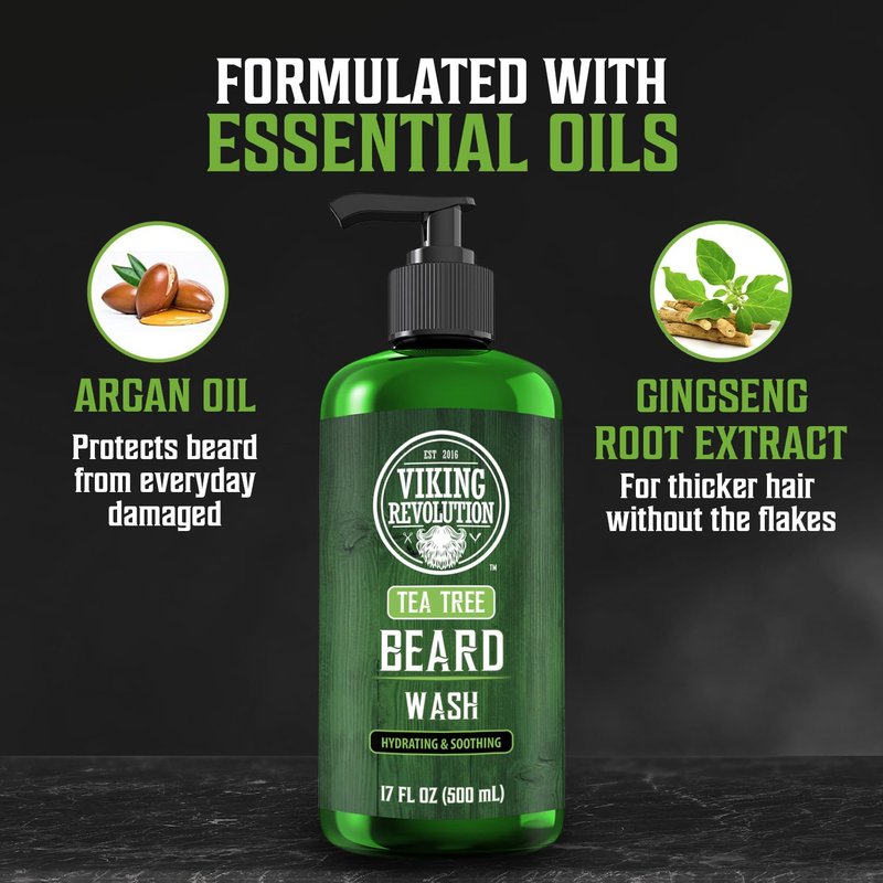 Viking Revolution Tea Tree Beard Wash for Men with Argan Oil and Ginseng Root Extract - Beard Softener and Strengthener Beard Shampoo with Olive Oil Beard Care to avoid Beard Dandruff and Itch (17oz)