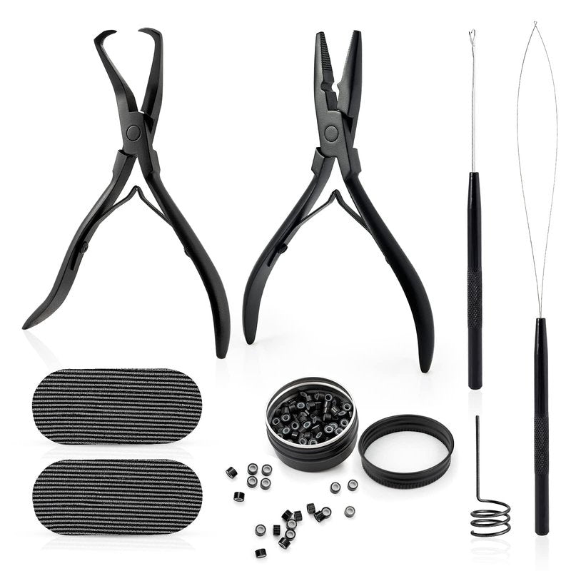 Gomake Microlinks Hair Extensions Kit, Hair Extension Closer and Removal Pliers, Micro Beads Pulling Hook & Microbead Loop Tool, Micro Links Silicone Rings Bead 200PCS(Black)
