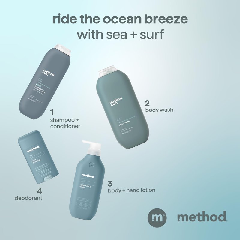Method Men 2-in-1 Shampoo and Conditioner, Sea + Surf - Cleans and Conditions with Argan and Jojoba Oil - Made without Parabens - 14 oz, Pack of 3