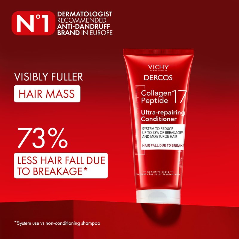 Dercos Collagen Peptide 17 Ultra-Repairing Conditioner, 200ml, Anti Hair Fall & Bond Repair for Damaged Weak Hair, Strengthens, Detangles, Boosts Shine & Volume