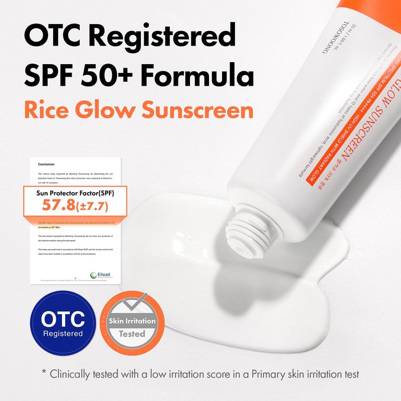 TOSOWOONG Rice Glow Sunscreen, SPF50+ Broad Spectrum Korean Sunscreen for Face, Dewy Finish No White Cast, Glass Skin Hydrating SPF Moisturizer with Rice Water & Hyaluronic Acid, 50ml / 1.69 fl. oz.