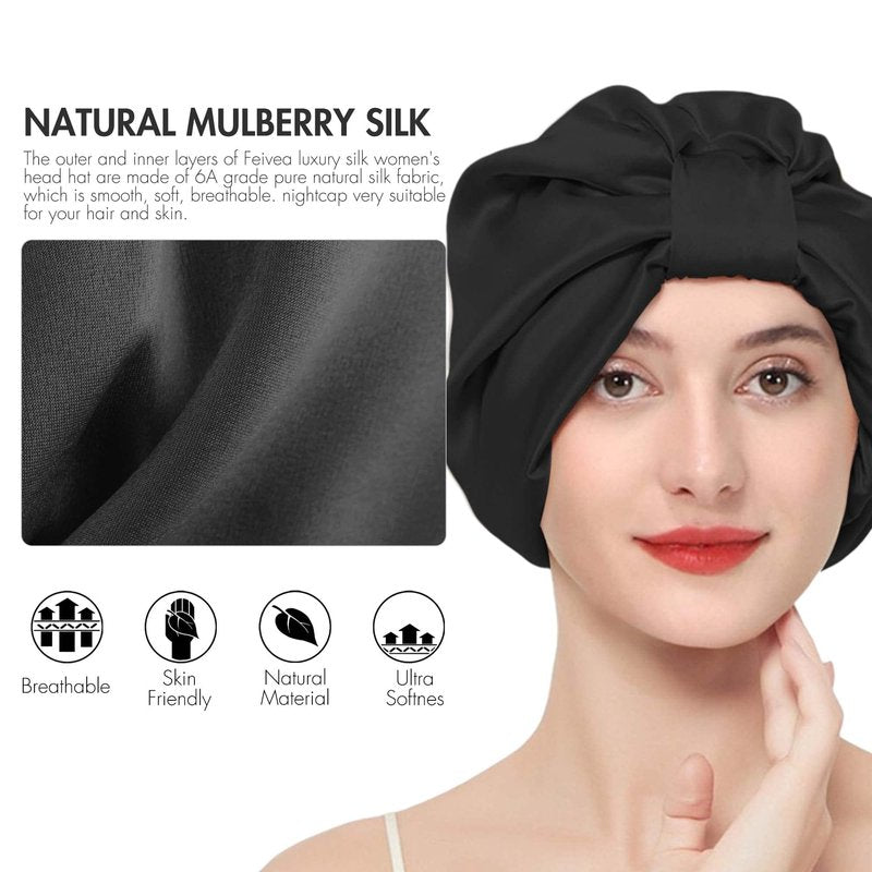 Feivea 22 Momme 100% Mulberry Silk Hair Wrap for Sleeping, Both Sides Silk Bonnet for Women Hair Care, Black