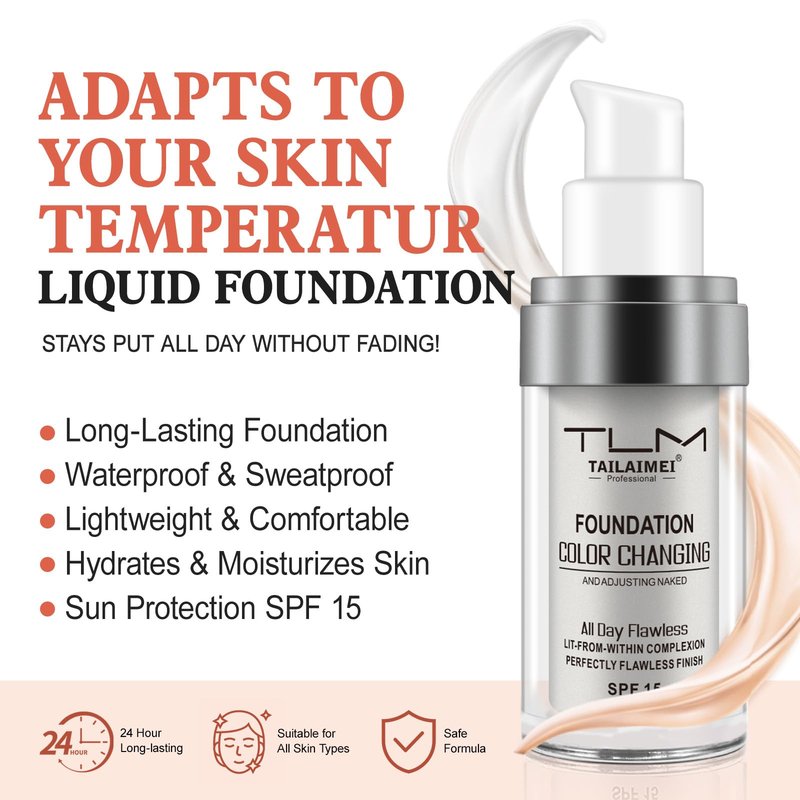 2PCS Flawless Colour Changing Warm Skin Tone Foundation, Naturally Blends Moisturizing foundation makeup, Long Lasting Waterproof Lightweight Liquid Foundation SPF 15 for Face Makeup