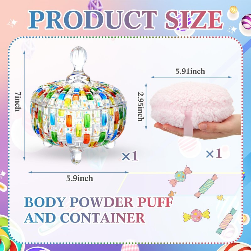 Tioncy 2 Pcs Extra Large Dusting Powder Puff and Container for Women-6'' Glass Crystal Dusting Powder Container with Body Soft Washable Reusable Velour Face(Multicolor,Weave Design)