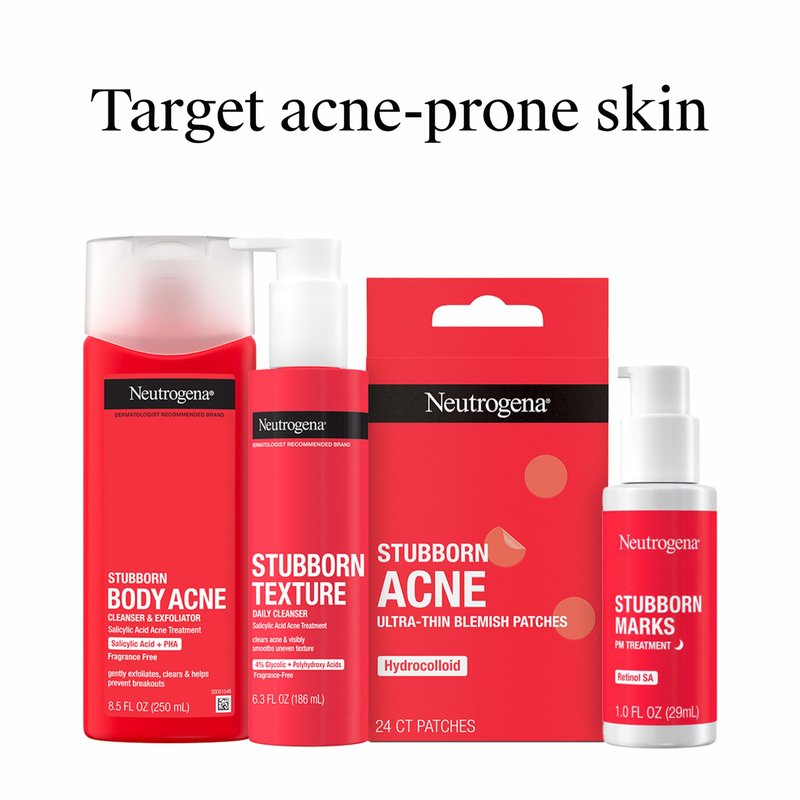 Neutrogena Salicylic Acid & PHA Stubborn Acne Body Wash, Exfoliating Cleanser Acne Treatment for Chest & Shoulder, Gently Clears, Exfoliates & Helps Prevent Breakouts, Fragrance Free, 8.5 Fl Oz