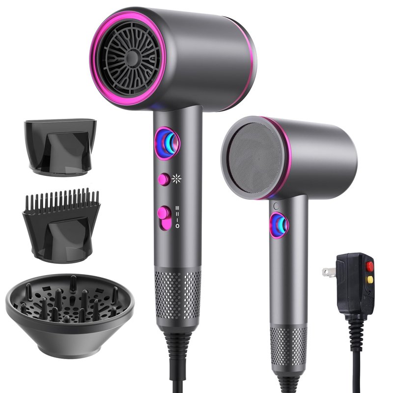Fast-Drying Ionic Hair Dryer,1875 Watt High-Speed Ionic Blow Dryer with Diffuser/Concentrator/Comb Nozzle,LED Temp Display,Intelligent Temp Control,Low Noise for Home Salon Travel (Silvery)