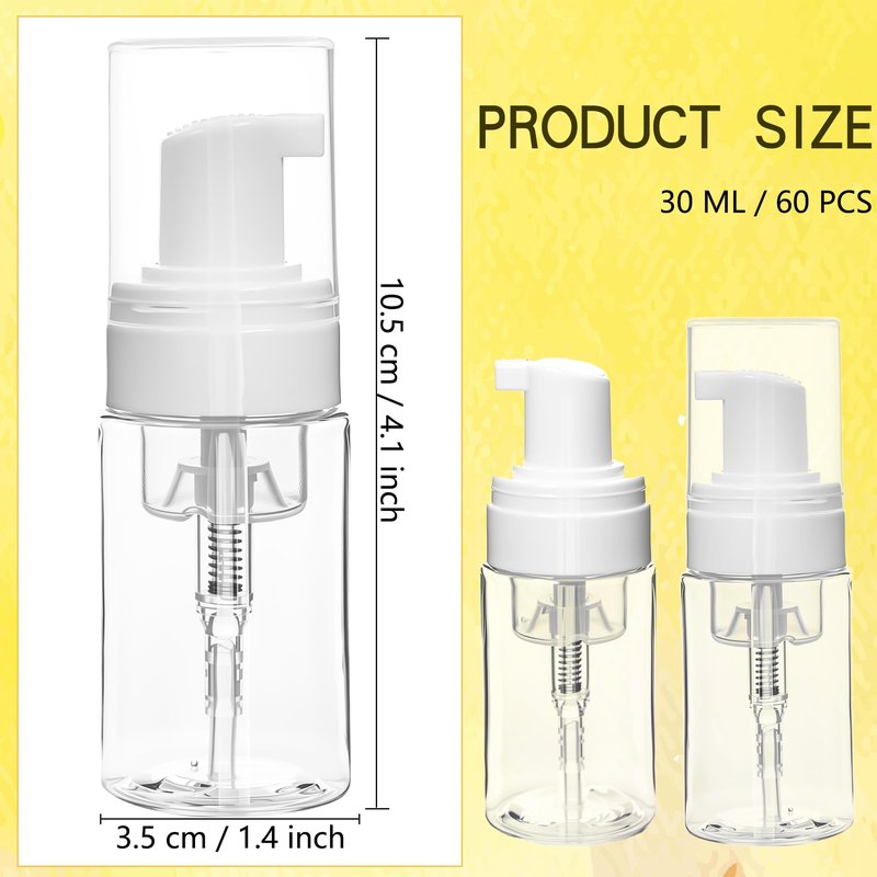 60 Pcs Mini Foam Pump Bottle Bulk 1 oz/ 30 ml Empty Travel Size Plastic Soap Foaming Bottles Small Clear Foaming Soap Dispenser Refillable Mousse Bottles for Lash Shampoo Portable Hand Sanitizer