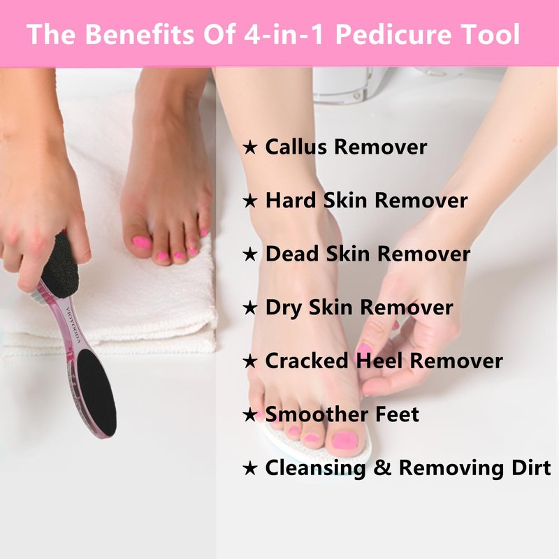 YIOYOODA Foot File Callus Remover 4-in-1, 3 Pcs Feet Scraper Pedicure Tools with Pumice Stone, Scrubber Brush, Foot Rasp and Sand Paper, Double Sided Multi Purpose, Clear Pink, Blue, Purple