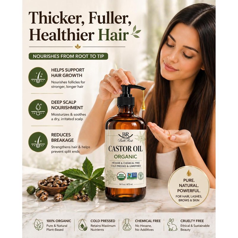 Bathrest Castor Oil Organic Cold Pressed Unrefined Glass Bottle 100% Pure for Hair Growth Eyelashes Brows Castor Oil Packs, Natural Skin Moisturizer, USDA Certified Hexane Free Vegan 16 oz (473ml)