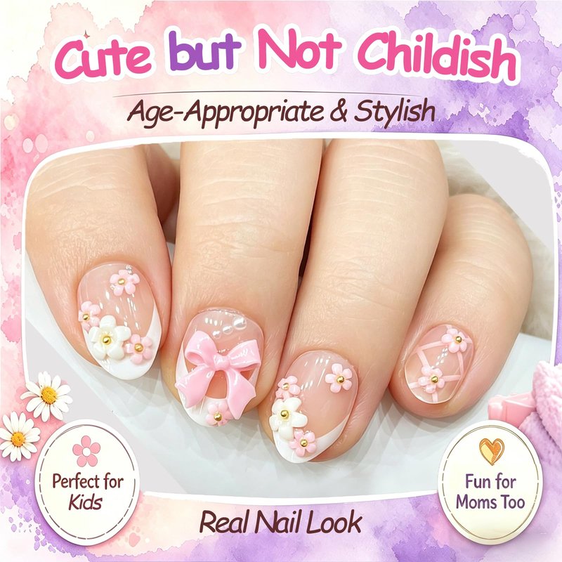 Kids Press on Nails, 24pcs French Tip Press on Nails for Kids 6-12 with 3D Hibiscus, Non-Toxic Nail Kit with Nail Glue, Adhesive Tabs, Fake Nails Gift for Girls