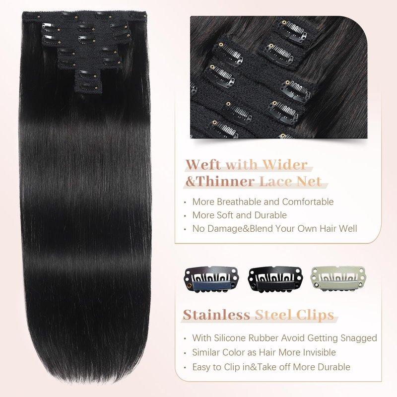 Sisily Clip in Hair Extensions Real Human Hair, Premium Human Hair Clip in Extensions Natural Black, Soft Straight Hair Extensions Real Human Hair Clip ins 7PCS Double Weft（16 Inch #1B）