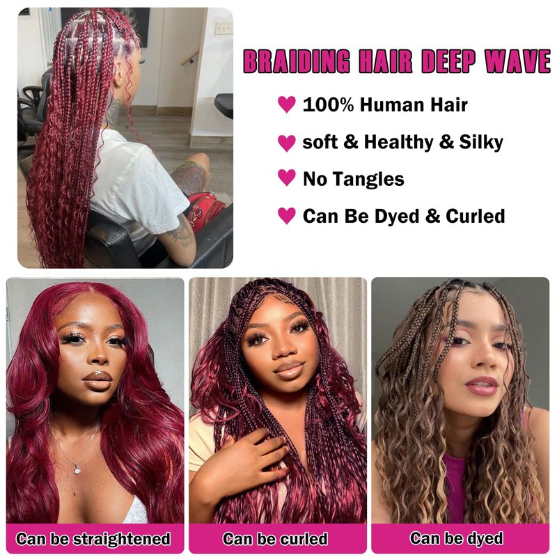 RESACA Deep Wave Bulk Human Hair for Braiding 20 Inch 100g 2 Bundle Boho Braids Human Hair Water Wet and Wavy 100% Unprocessed Brazilian Virgin Hair Extensions Kinky Curly （99j）