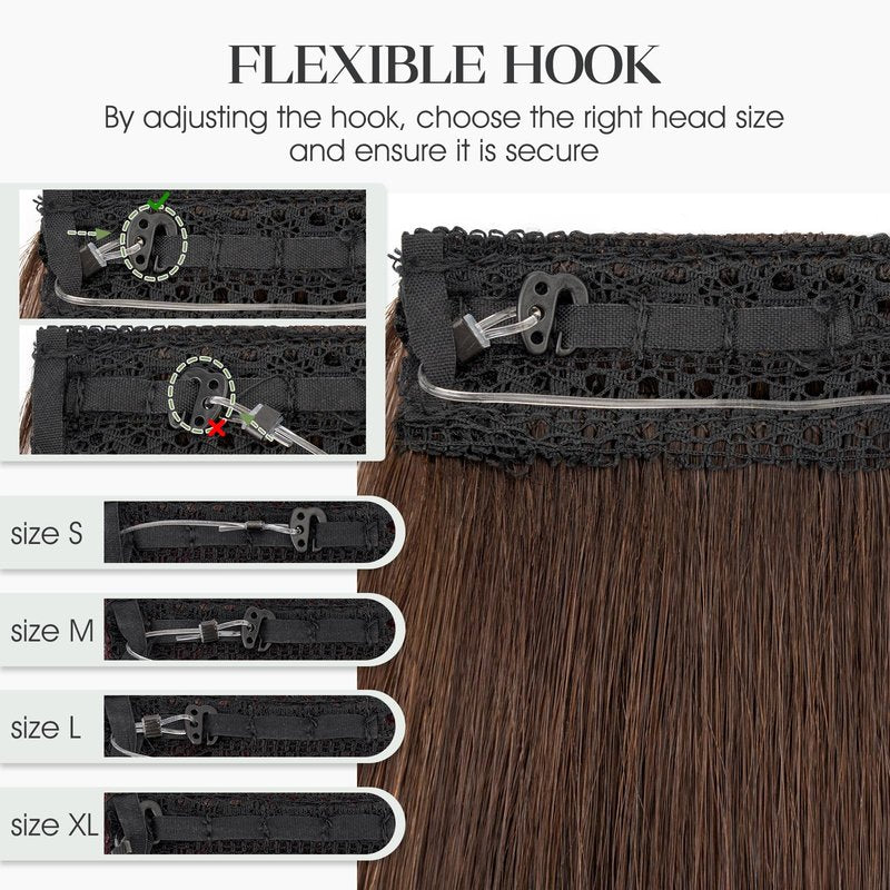 Charites Halo Hair Extensions Real Human Hair Invisible Wire Extensions with Transparent Fish Line Adjustable Size Dark Brown 12 inch