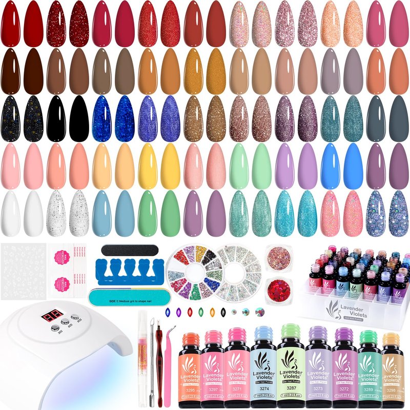 Lavender Violets 73 Pcs Gel Nail Polish Kit with U V Light, 45 Colors with Nail Primer,Builder Base,Matte & Glossy Top Coat Soak Off Manicure Tools Gifts for Women LA07