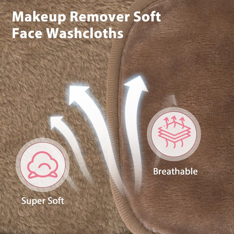 Natwag Makeup Remover Cloth, 6" x 6" Make Up Towels Reusable Face Cloth for Washing Face, Makeup Remover Pads Microfiber Face Washcloth with Mesh Bag, Just Water, 12 Pack, Light Brown