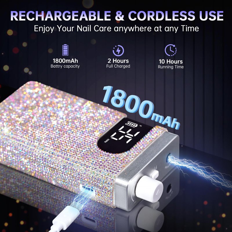 CHRISTINE SHELLY Rechargeable 35000RPM Nail Drill Sparkling Portable Professional Electric Nail File with 12 Drill Bit for Acrylic/Gel Nails Professional Nail Tools for Manicure Pedicure, Glitter