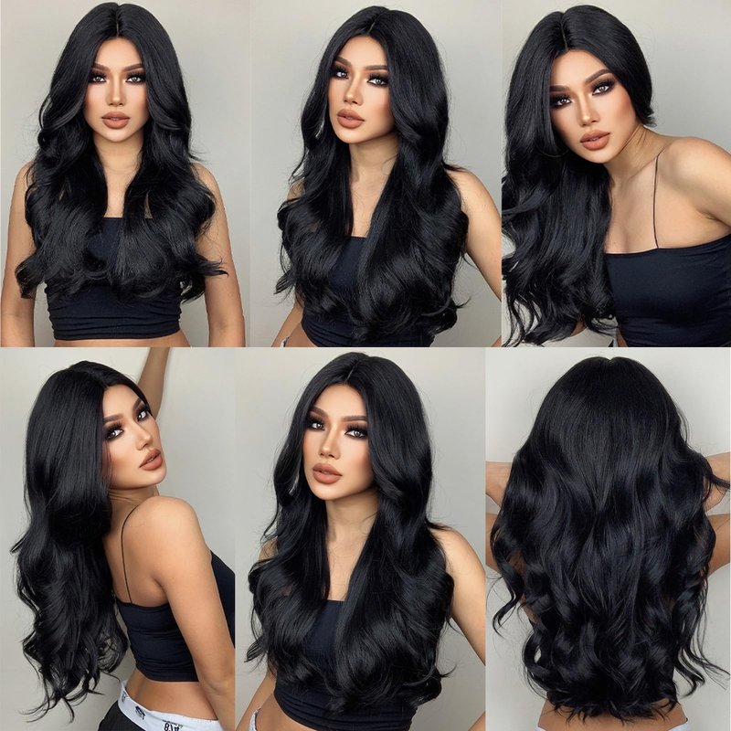 Doremiy Long Black Brown Wavy Hair Wigs for Women Natural Synthetic Curly Wig Heat Resistant Fiber Wigs for Daily Cosplay