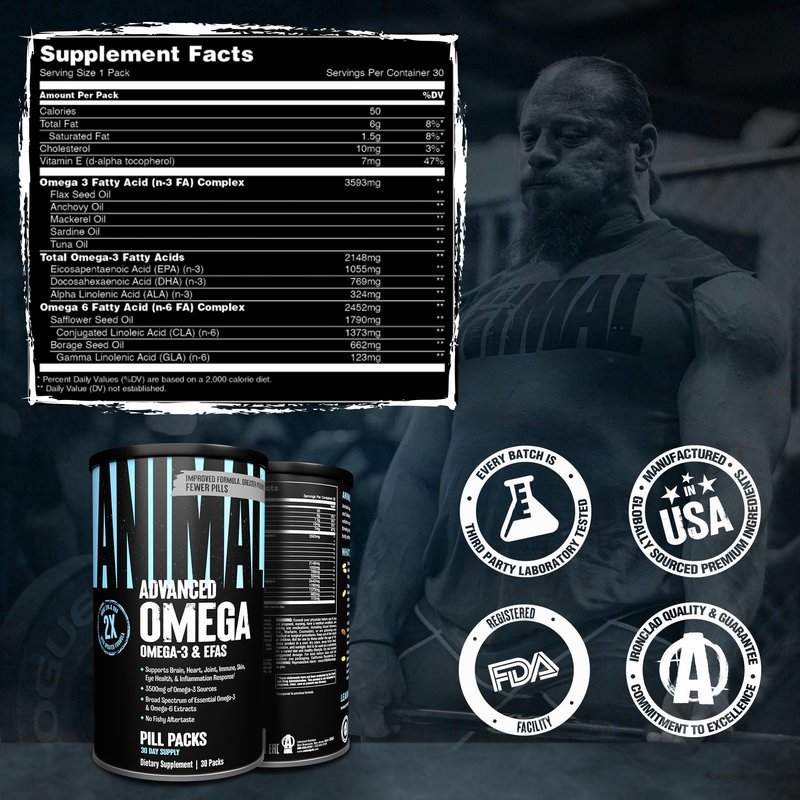 Animal Advanced Omega 3 Fatty Acids - 3500mg EPA DHA Fish Oil Omega 3 Supplement for Women & Men High Potency Blend with CLA GLA ALA for Brain Skin Eye Immune Joint Health 30 Pill Packs